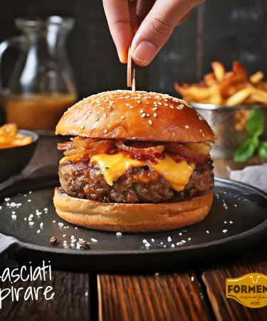 Hamburger con crema al cheddar cipolle caramellate e bacon