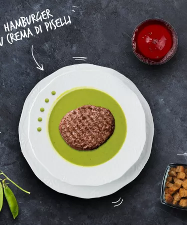 Hamburger su crema di piselli